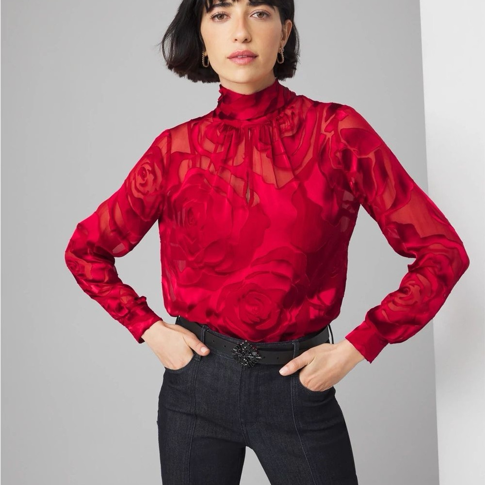 NWT WHBM Chic Rose Print Burnout Blouse 4P